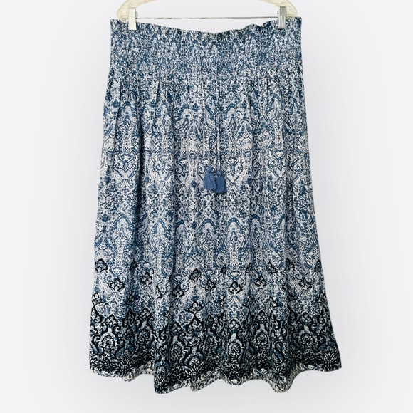 J. Jill Dresses & Skirts - J. Jill Smocked Waist Printed Maxi Cotton Bohemian Skirt Tassels Blue White M